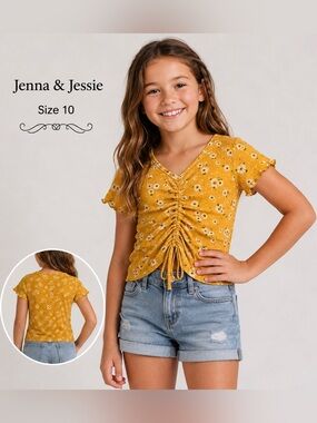 Jenna & Jessie Girls Size 10 Mustard Daisy Floral Ruched Tie Front Top trendy